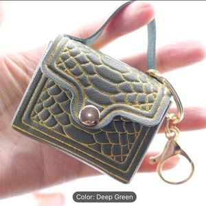 Gold-Embossed Leather Mini Bag Croc Pattern, Square Decorative Pouch, Keychain